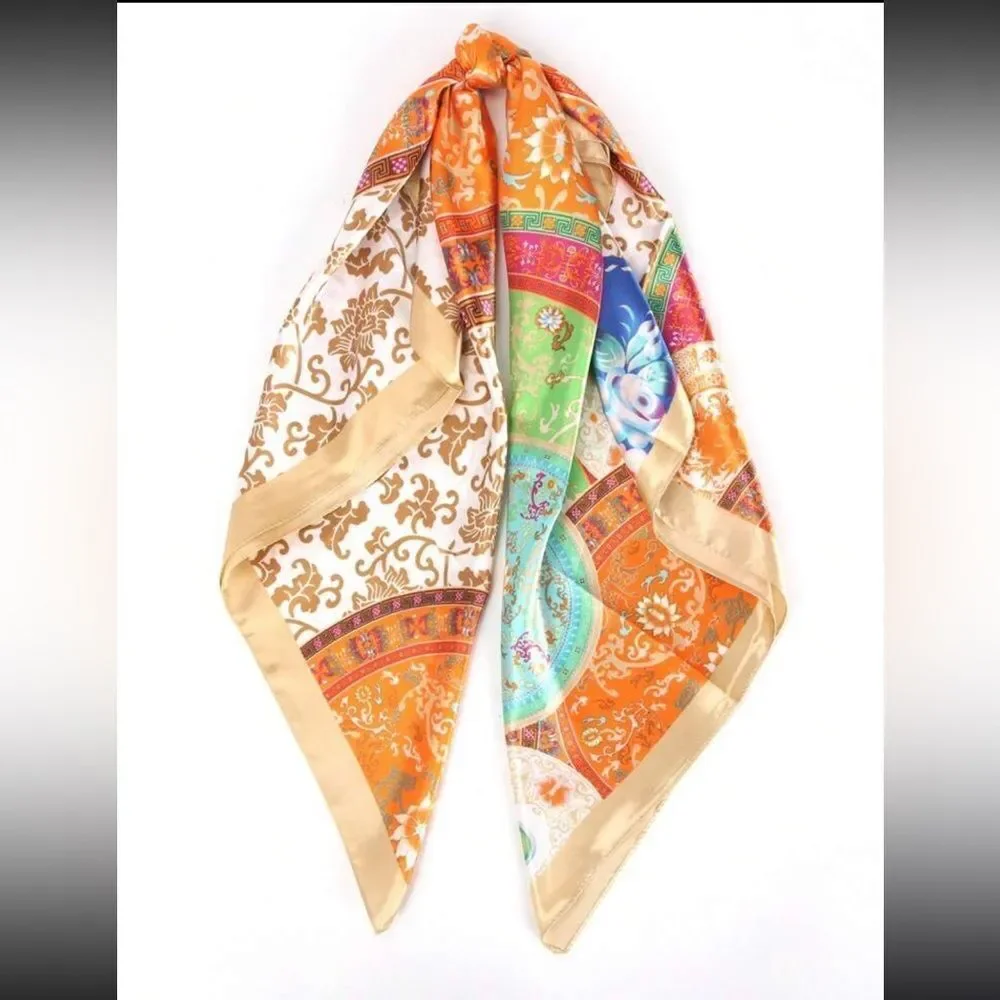 Orange and Gold Patterned Scarf N871 - Picture 2 of 3